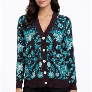 GELI • Brown/Teal Abstract Floral Pattern V-Neck Button Long Sleeve Cardigan, M